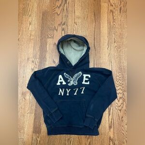 Y2K American Eagle Outfitters Hoodie Mens XS Navy AE Logo Sherpa Hood Vintage